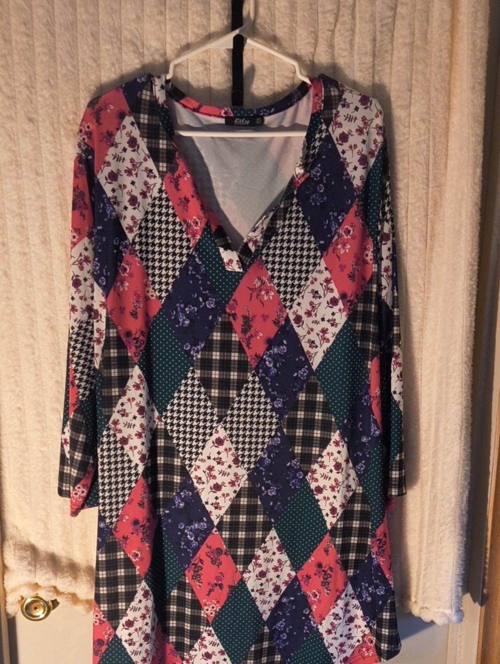 Lily Patchwork Diamond V-Neck Tunic - Pink, Navy, Green, Cream